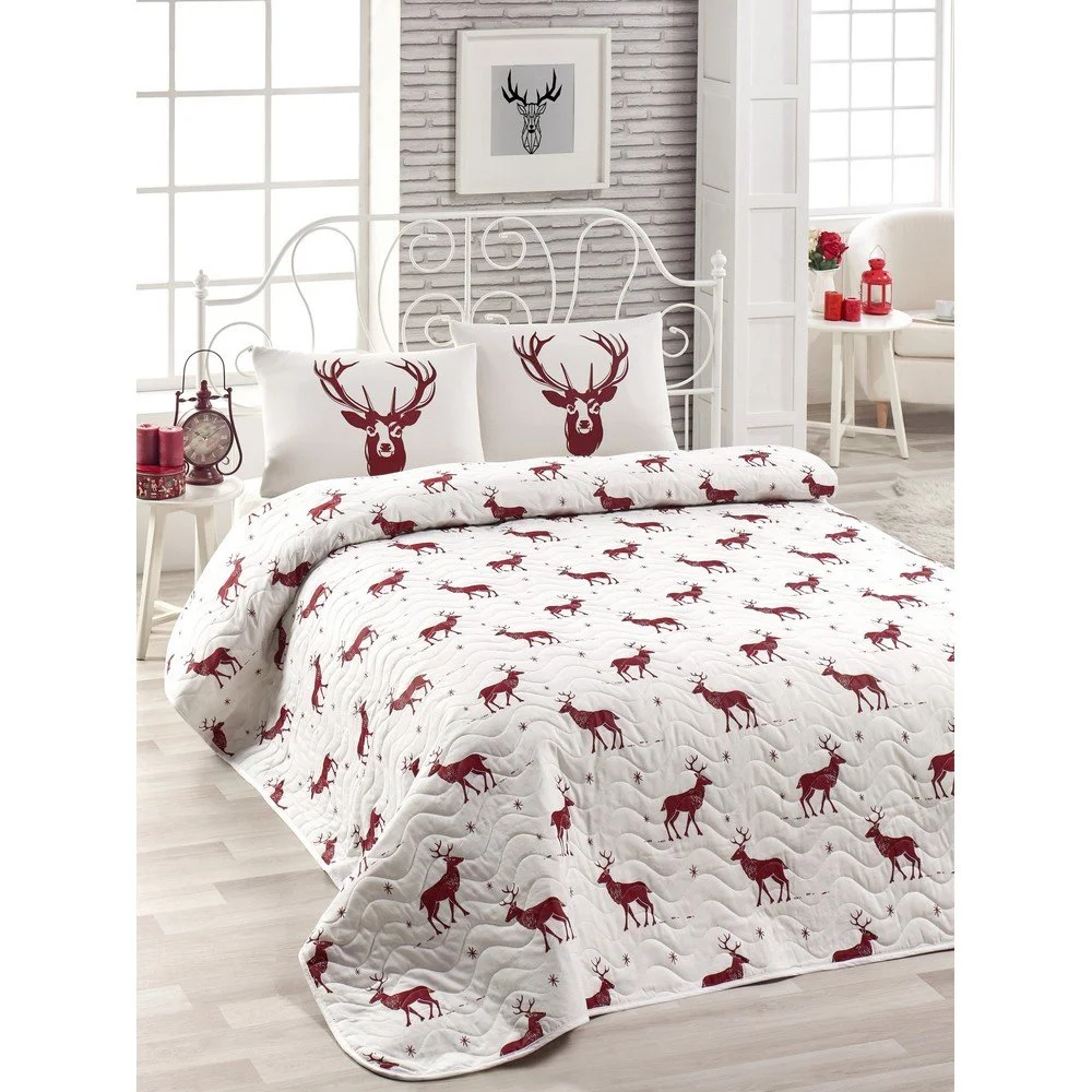 Set prošívaného přehozu a 2 povlaků na polštáře s příměsí bavlny na dvoulůžko EnLora Home Geyik Claret Red, 240 x 220 cm v:1318084