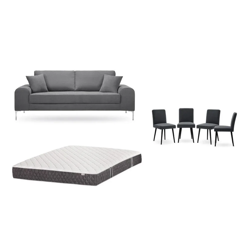 Set třímístné šedé pohovky, 4 antracitově šedých židlí a matrace 160 x 200 cm Home Essentials v:1129954