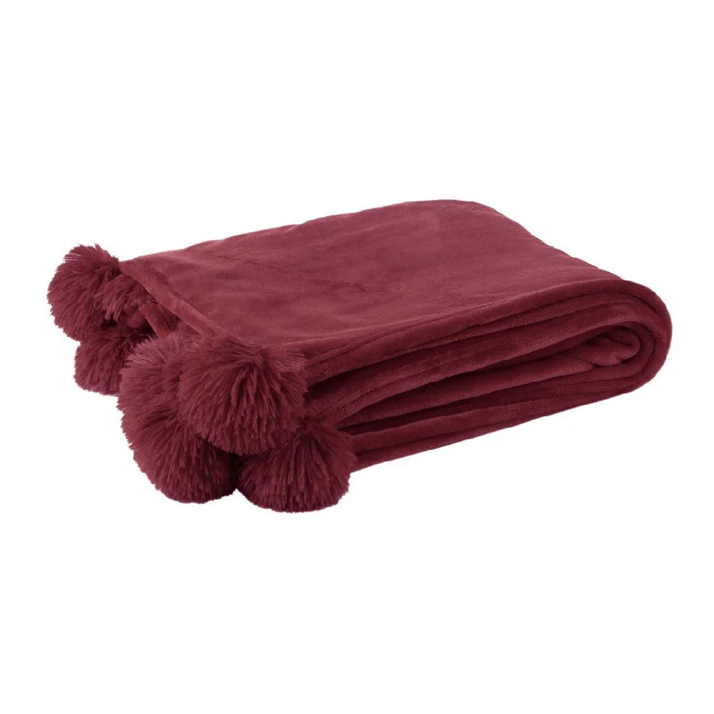 Červený pléd s bambulkami J-Line Pompom, 170 x 130 cm v:1132898