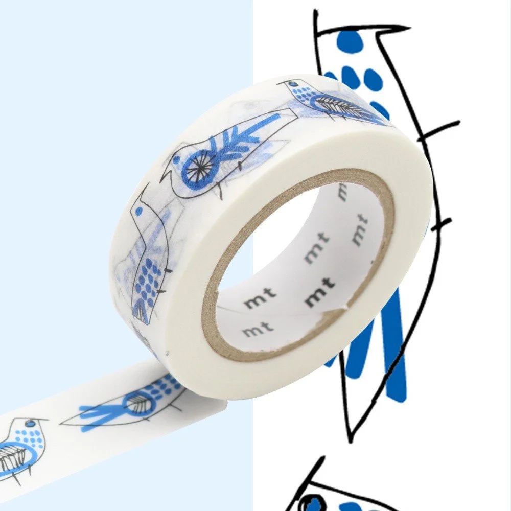 Bílo-modrá washi páska MT Masking Tape Retrobirds v:843476