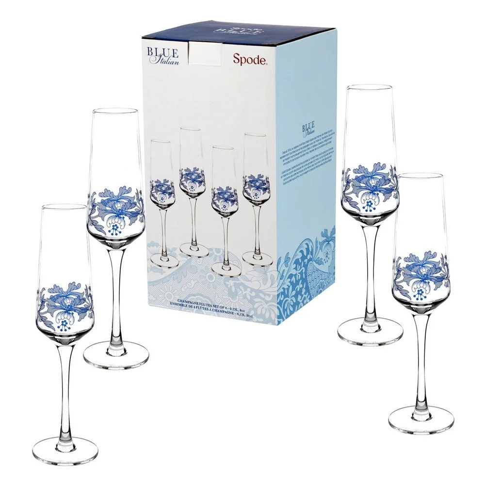 Sada 4 bílomodrých skleněných sklenic na šampaňské Spode Blue Italian, 230 ml v:1206834