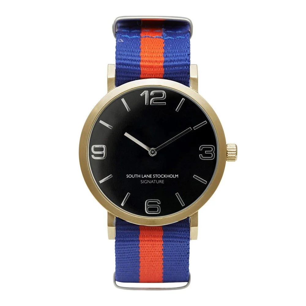 Unisex hodinky s modročerveným řemínkem South Lane Stockholm Signature Black Gold Stripes v:872786