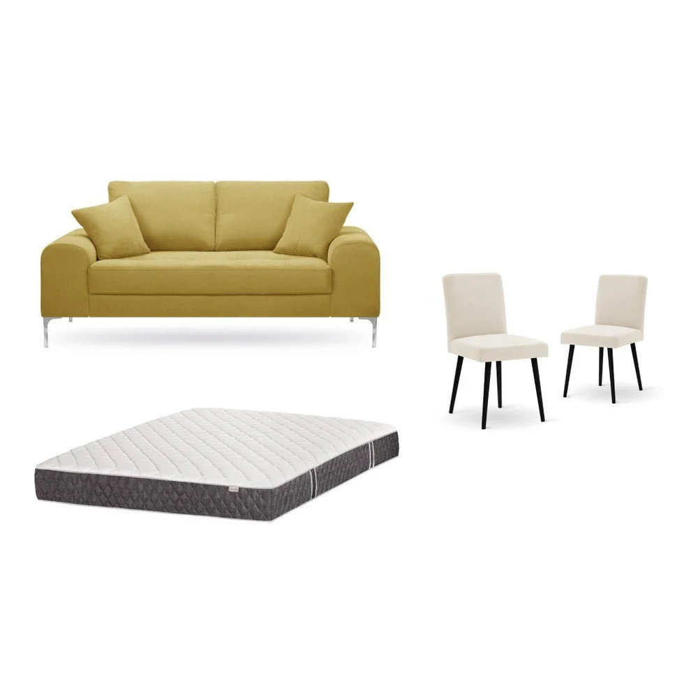 Set dvoumístné žluté pohovky, 2 krémových židlí a matrace 140 x 200 cm Home Essentials v:1129838