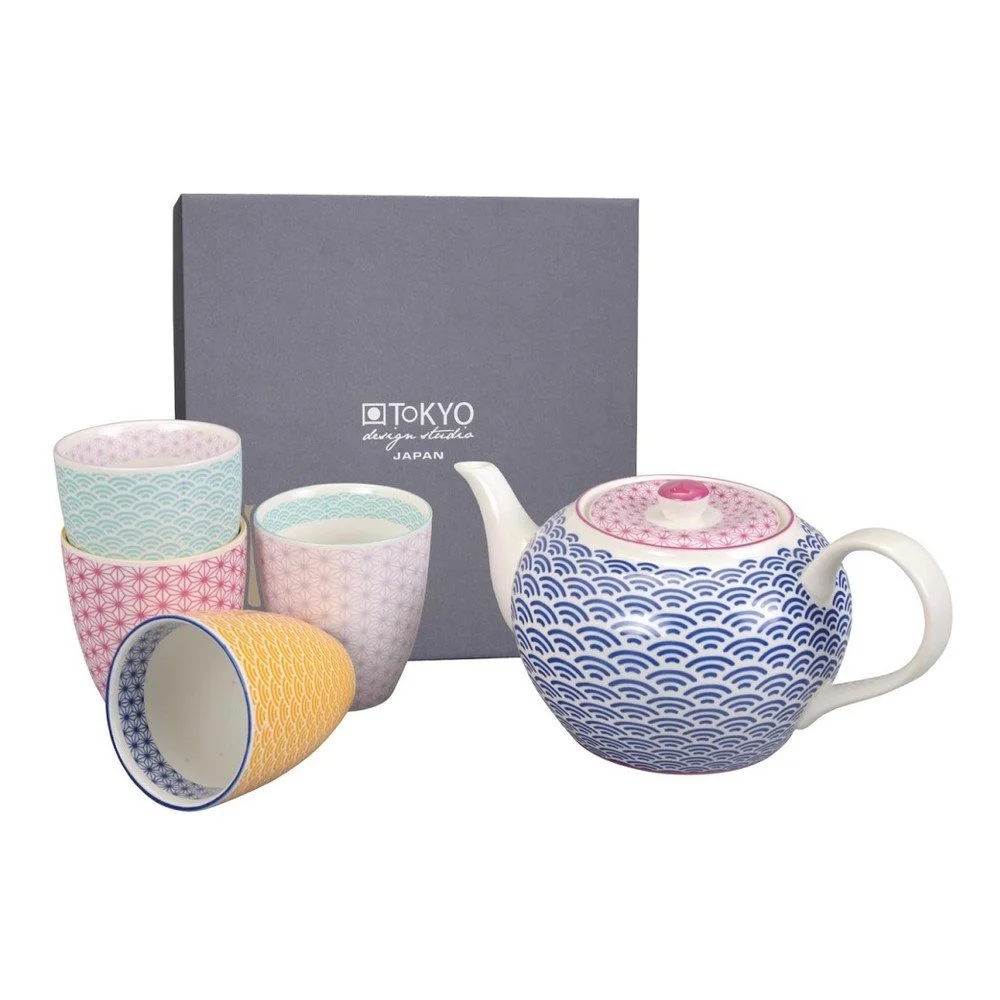 Čajový porcelánový set modré konvice a 4 hrnků Tokyo Design Studio Star/Wave v:788800