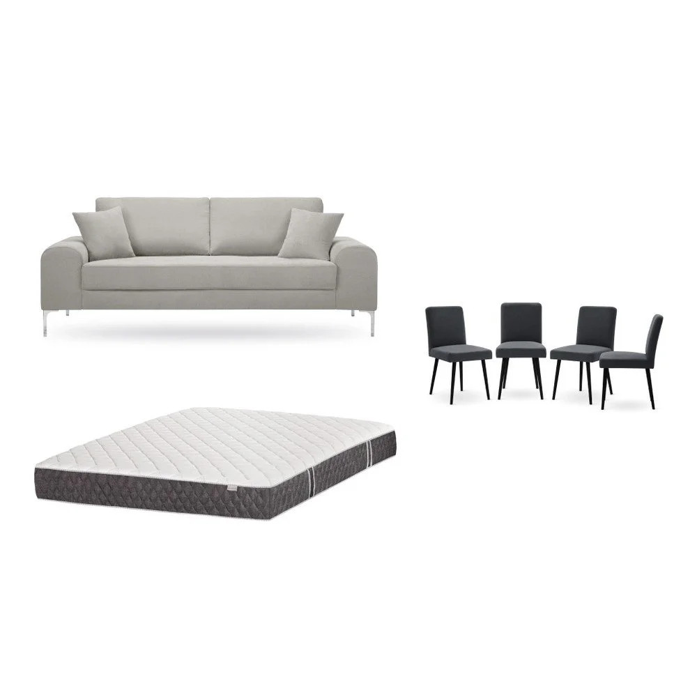 Set třímístné světle šedé pohovky, 4 antracitově šedých židlí a matrace 160 x 200 cm Home Essentials v:1129910