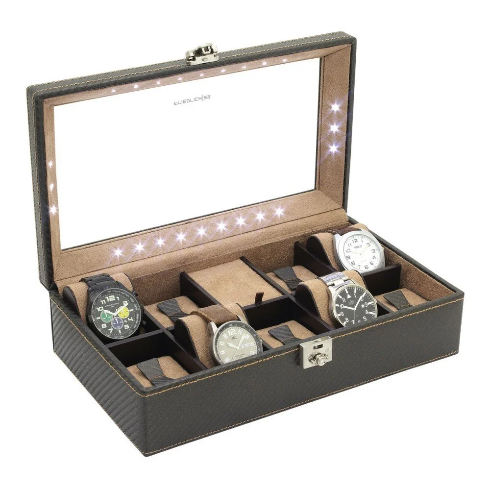 Černý box s LED osvětlením na 9 hodinek Friedrich Lederwaren Carbon v:917142
