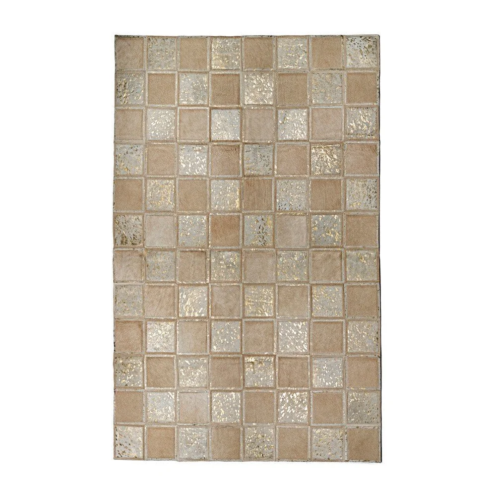 Koberec v béžovo-zlaté barvě z hovězí kůže Patchwork, 180 x 120 cm v:957976