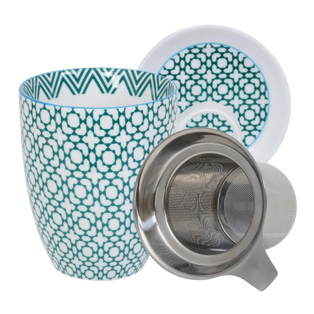 Zeleno-bílý hrnek s podšálkem a čajovým sítkem Tokyo Design Studio Geo Eclectic, 380 ml v:932760