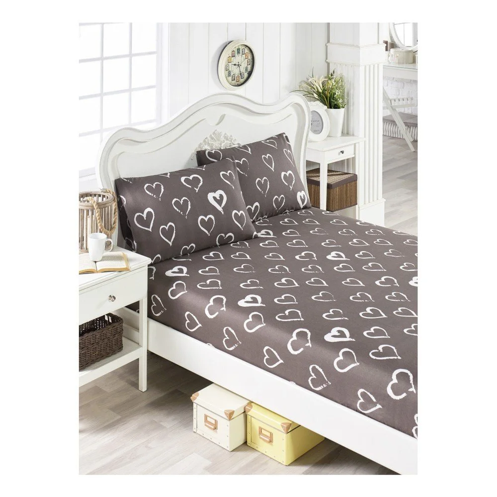 Set bavlněného hnědého prostěradla a 2 povlaků na polštáře na jednolůžko Hearts Lusno, 100 x 200 cm v:1217464
