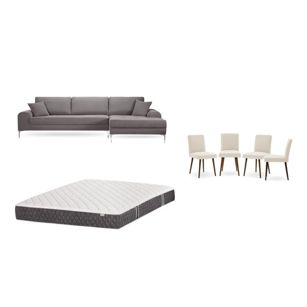 Set hnědé pohovky s lenoškou vpravo, 4 krémových židlí a matrace 160 x 200 cm Home Essentials v:1130076